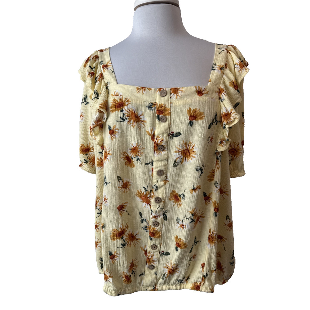 Maurices Womans 2X Boho Yellow Floral Sunflower Ruffle Crinkle Cut Out Blouse